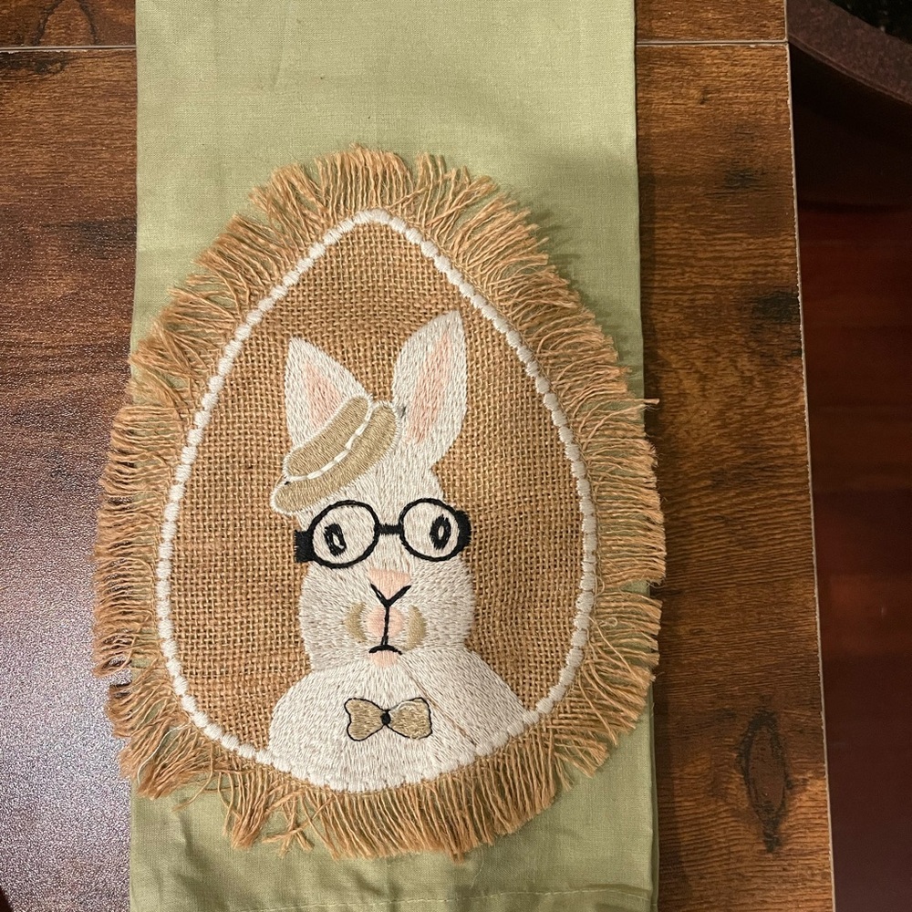 Pier 1 Green and Brown Bunny Table kitchen towel with poms